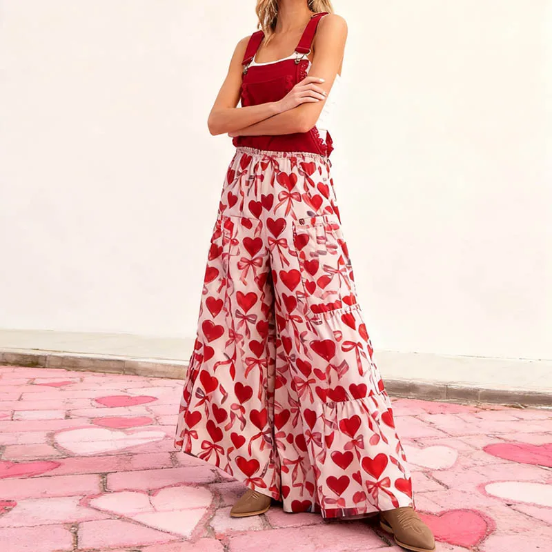

Maemukilabe Womens Valentine's Day Bibs Overalls Heart Printed Sleeveless Adjustable Straps Wide Leg Pants Loose Jumpsuit
