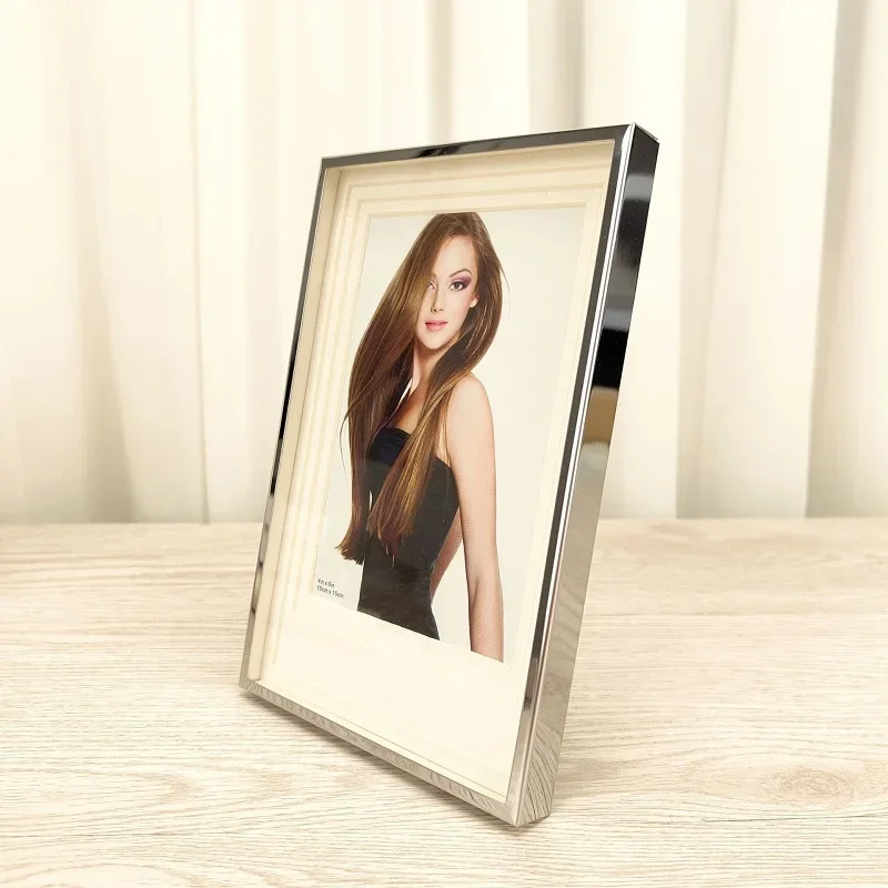 Stainless Steel Silver Edge Photo Frame 4x6 Inch Tabletop Picture Frame With Mat Card For Wedding Family Portrait Home Decor
