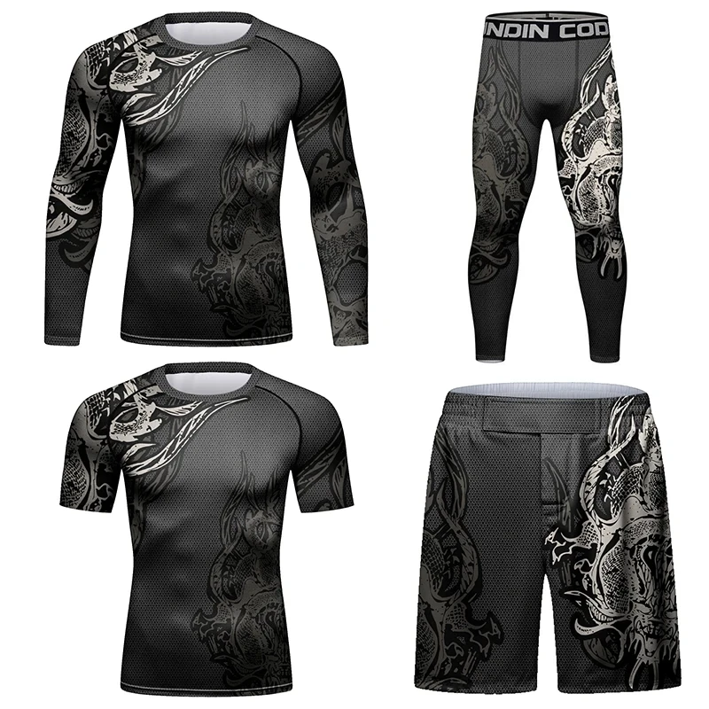 Men Digital Print Cool Boxing Fighting Sports Kits Men\'s Elastic MMA BJJ Rashguard Set Jiu jitsu gi Taining Clothes 3 Pieces