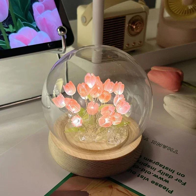 DIY Künstliche Tulpe Blume Nachtlicht Ornamente Handgemachte Nacht LED Nacht Lampe Schlafzimmer Schreibtisch Dekor Geburtstag Geschenke Tisch Lampe – Detail 9