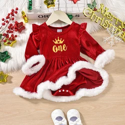 Suefunskry Baby Girls Christmas Dress Long Sleeve Letter Print Fur Trim Velvet Romper Dress Newborn Birthday Clothes 9-18Months