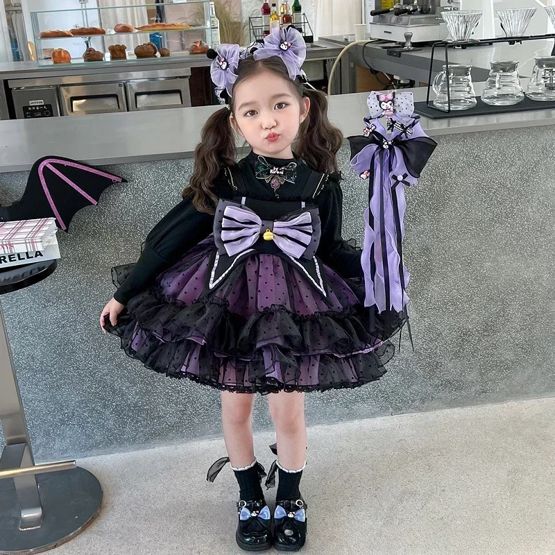 Sanrio Anime Kuromi Children's Dress CosPlay Academy Style Pleated Skirt Girl Princess Formal Clothes Girl Birthday Party Gift