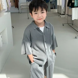 Summer Korean Teenagers Boys Thin Ribbed Loose Clothes Set Shirt+Shorts 2PCS Casual Short Sleeve Children's Sets 2-12Y