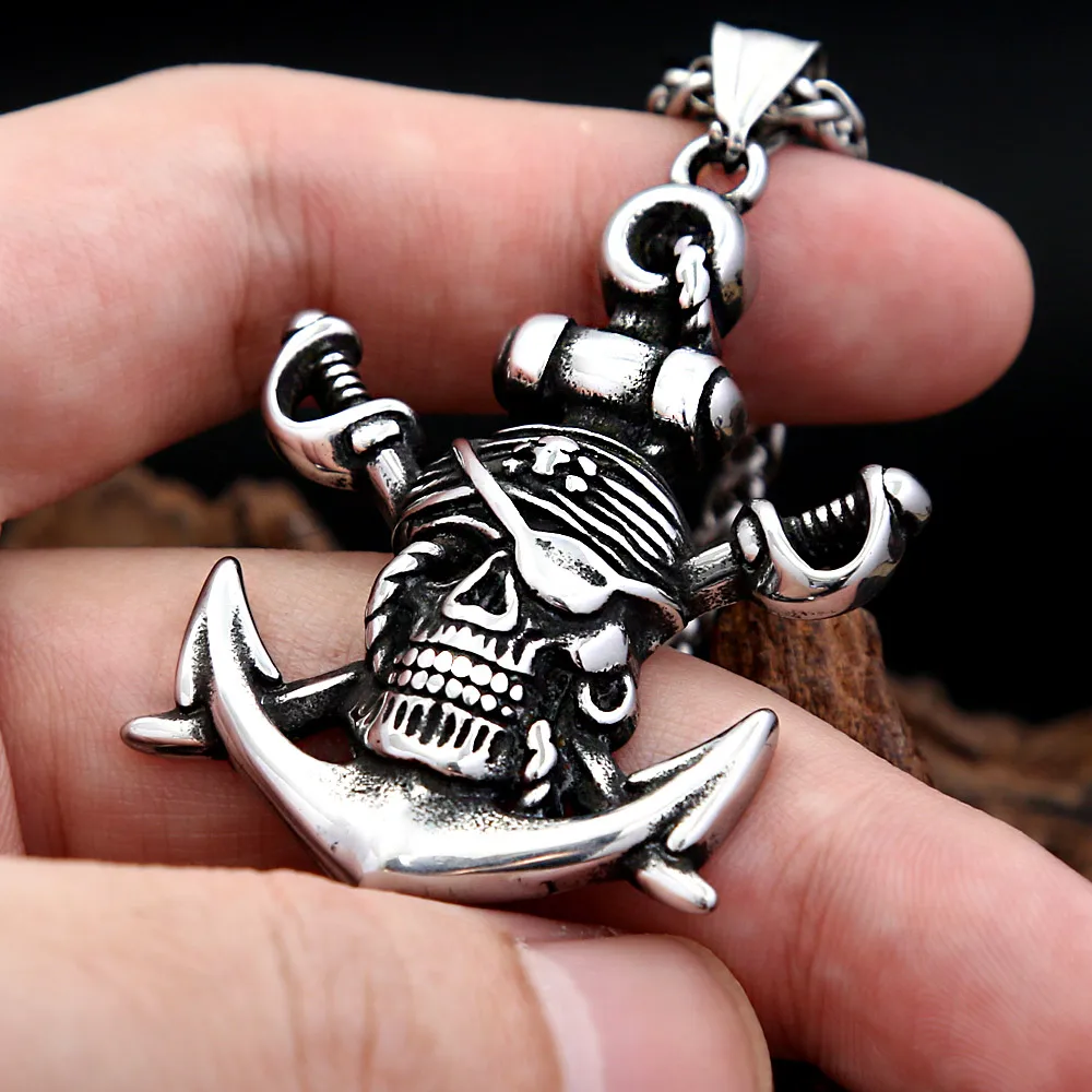 Gothic Pirate Anchor Skull Stainless Steel Pendant Necklace Pirate Skull Nautical Amulet For Men And Women Punk Fashion Jewelry view 3