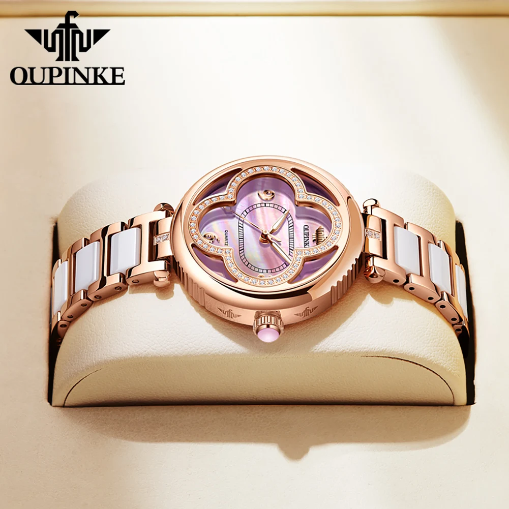 

OUPINKE Original Elegant Fully Automatic Women's Mechanical Watches Waterproof Ceramic Tape Lucky Grass Watch for Women Luxury