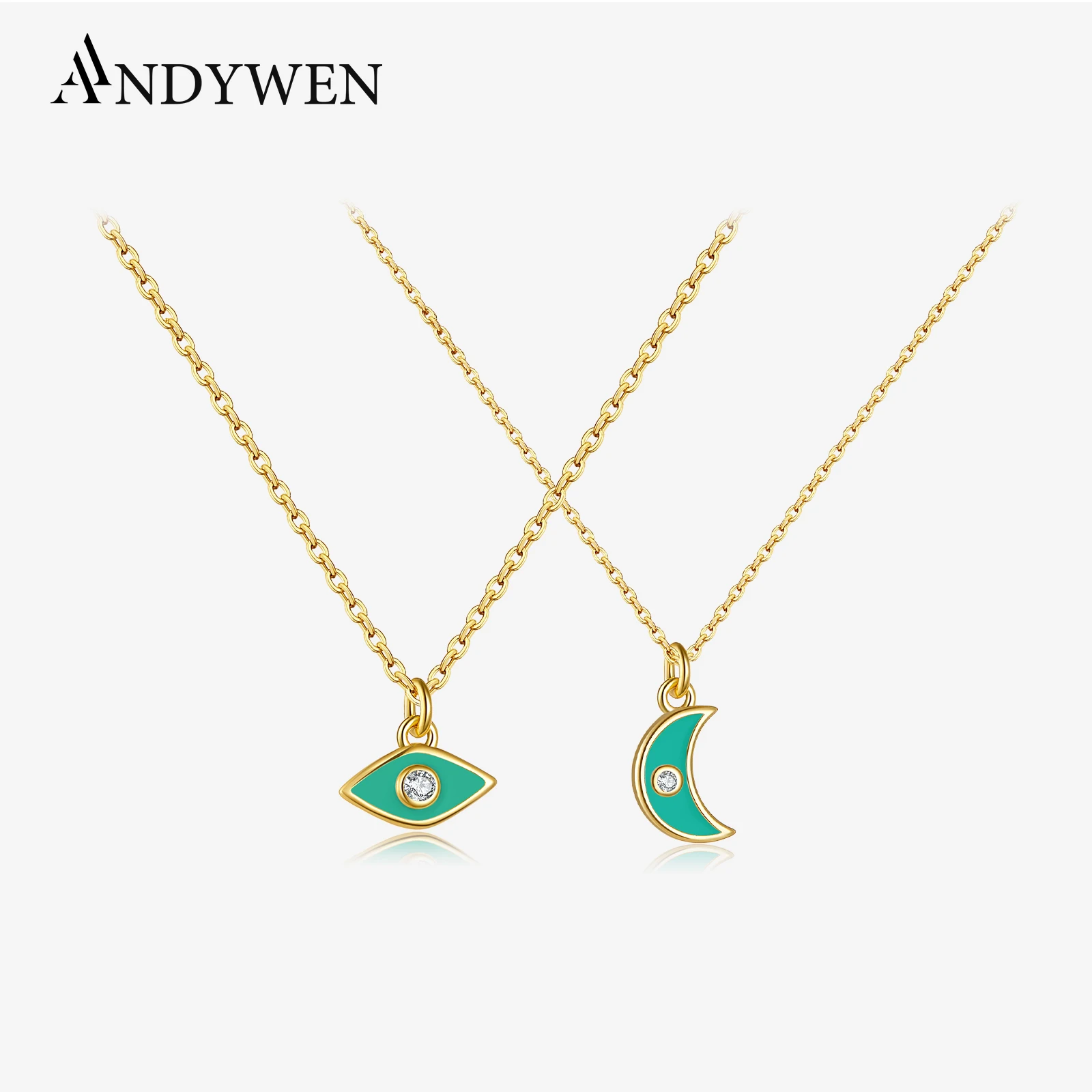 ANDYWEN 925 Sterling Silver Gold Moon Eye White Turquoise Pendant Necklace Long Chain Choker Enemal Tiny Luxury Jewelry