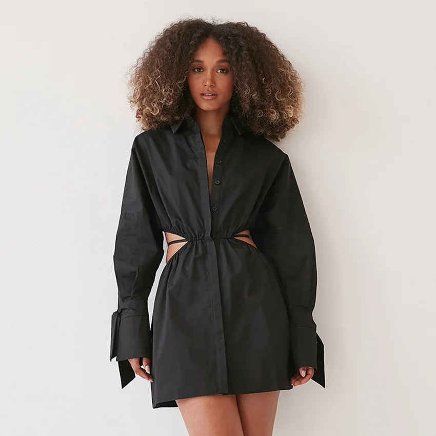 Gonna camicia nera cava Fondo aderente Manica a lanterna a vita alta Abito con parola A 2025 Estate Nuova moda Abbigliamento donna