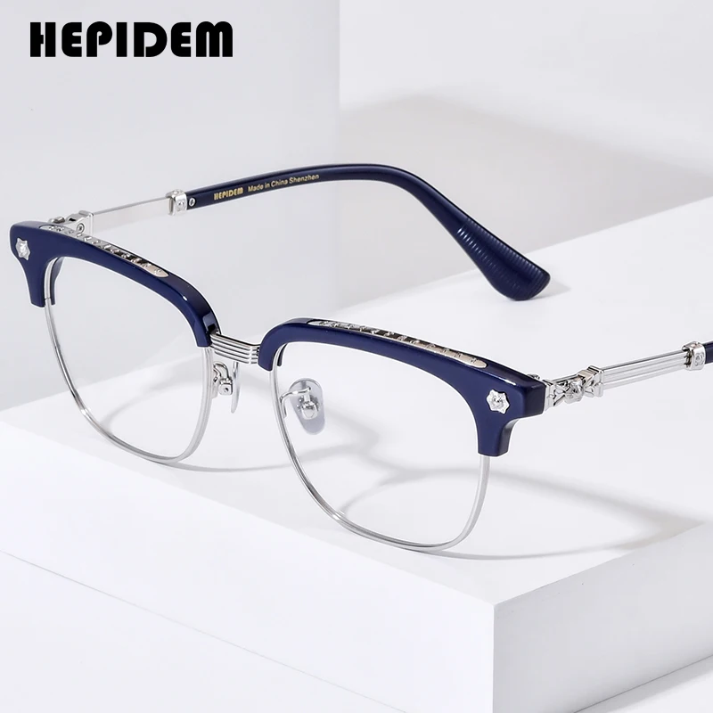 HEPIDEM Acetate Glasses Frame Men Retro Chrome Eyeglasses Women Brand Designer Square Japanese Handmade Spectacles CH 9396
