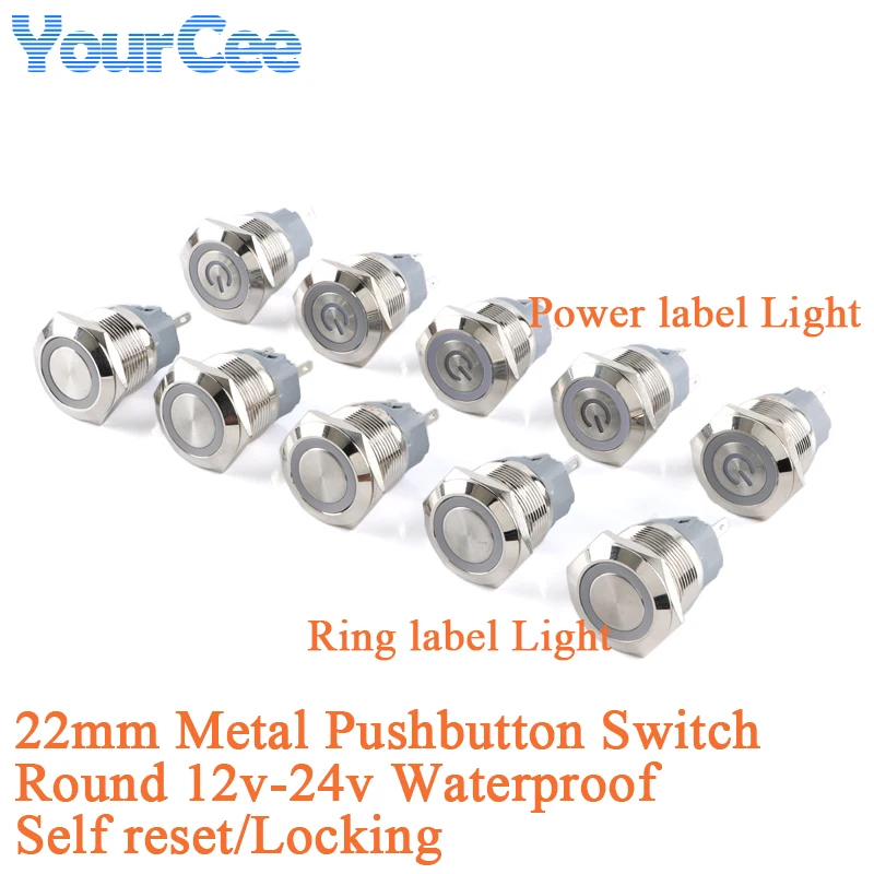 Waterproof IP65 22mm Metal Pushbutton Switch 12v 24v Light Switch Momentary Self Reset Locking Button Ring Power Symbol