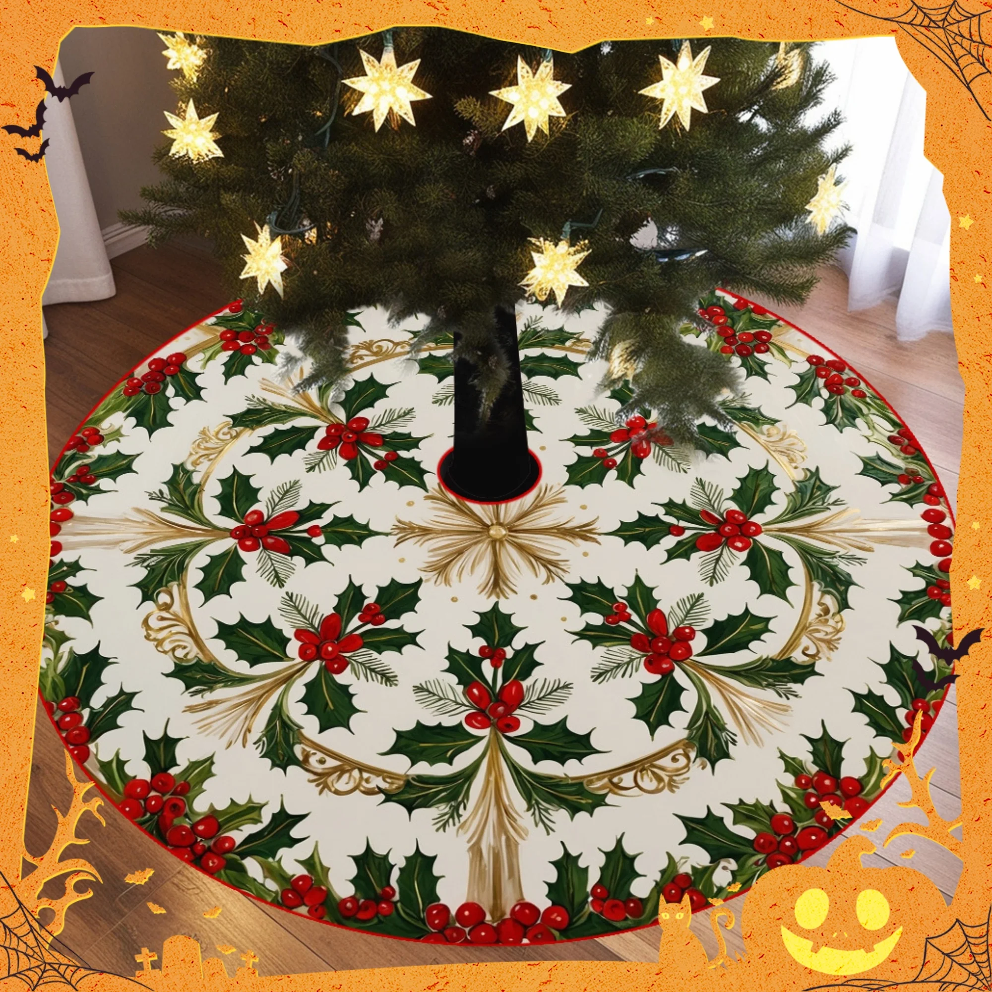 VIKAMA Holly Berry Christmas Tree Skirt,Round Non‑Slip Floor Mat,Green Leaf Red Berries Vintage Xmas Carpet Holiday Home Decor