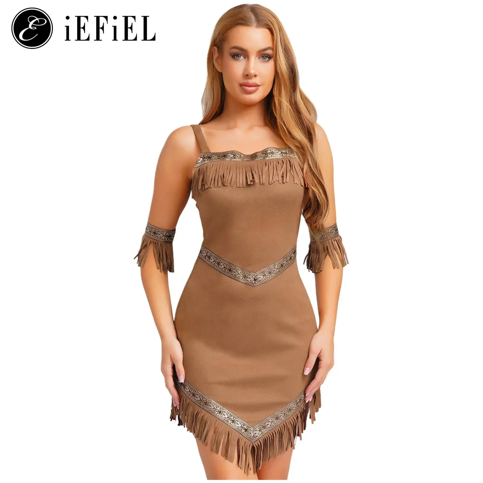 

Woman's Native Tribes Princess Cosplay Costume Ruffles Spaghetti Straps Tutu Dress with Arm Sleeve Primitive Man Movies Cosplay