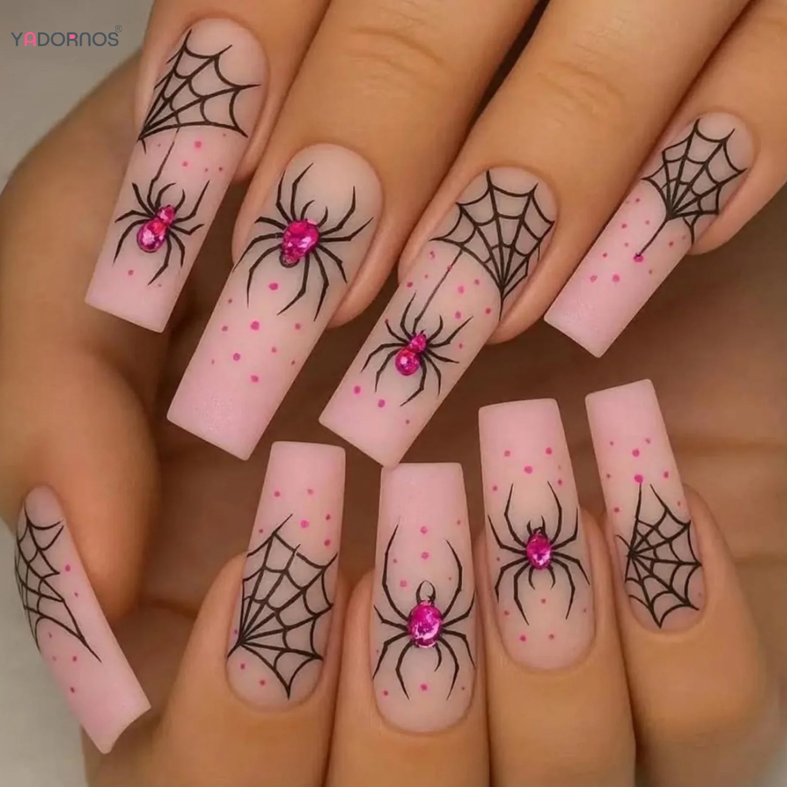 24pcs Pink Rhinestone Spider Press On Nails Black Spider-Wed Design Halloween Style Fake Nails Nude Pink Long Sqaured False Nail