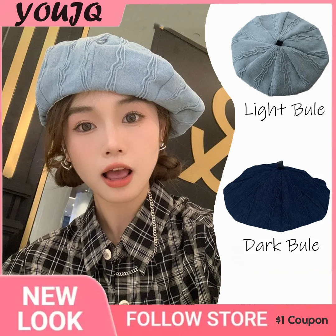 

Y2K Women's Niche Pleated Denim Beret Big Head Circumference Japanese Painter Cloud Hat Washed Denim Berets