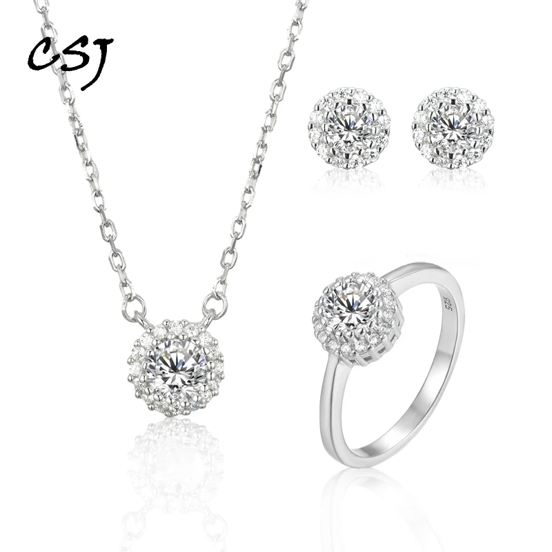 

CSJ 100% Moissanite 925 Silver Jewelry Sets D Color Pass Diamond Test for Women Wedding Engagement Party Christmas Birthday Gift
