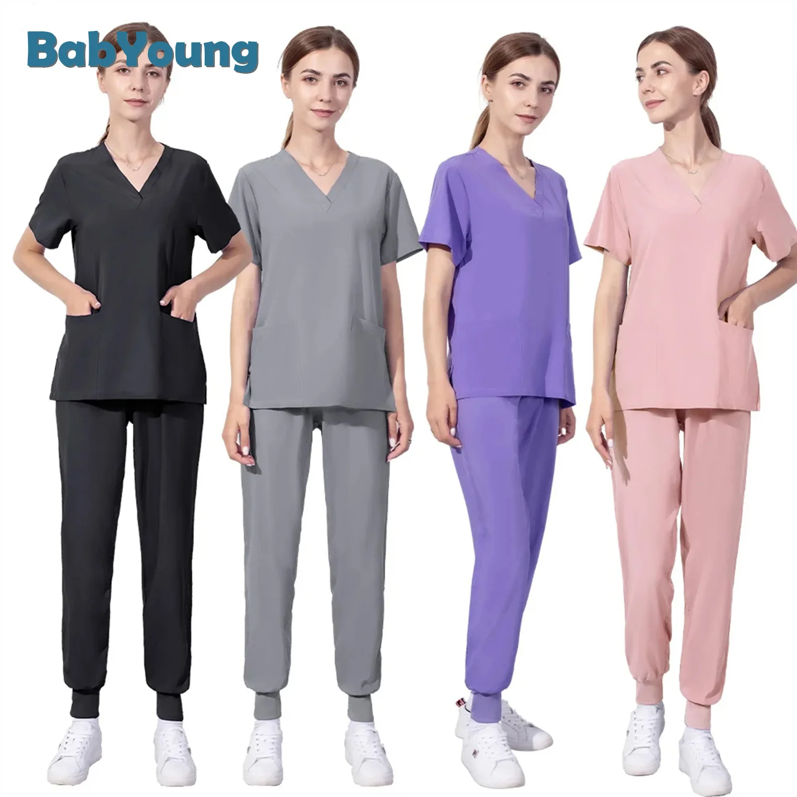 Solid Color Nursing Scrubs Women Uniforms Elasticity Pet Clinic Nurse V-neck Medical Hospital Doctor Working Clothing Wholesale