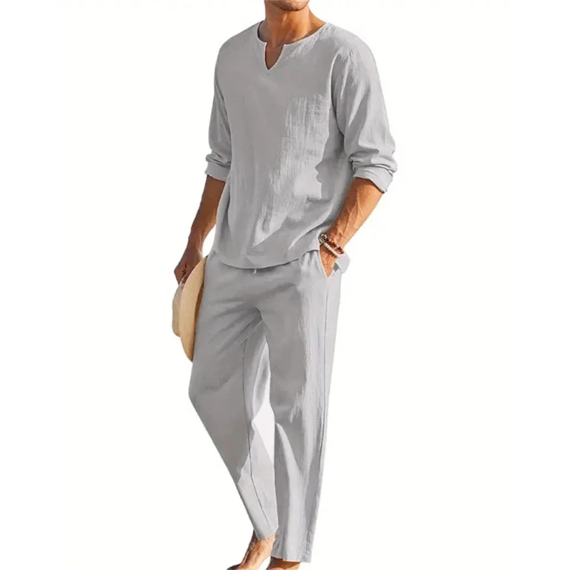 2024 2pcs Set Men's Shirt and Pants Suits for Men Small V-neck Beach Wear Tracksuit Solid Color Shirts Sweatpants Hawaiian Vacat