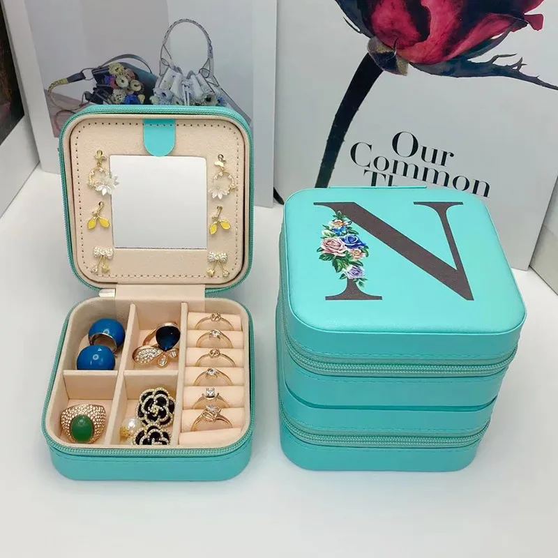 New Creative Letter Jewelry Box with Mirror Portable Travel Ring Necklace Earrings Stud Earrings Earring Blue Square Storage Box