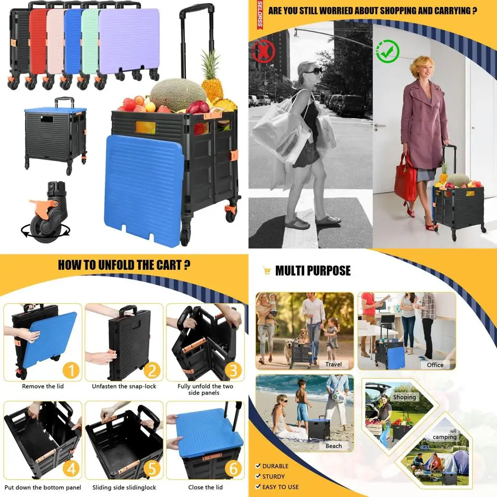 

Collapsible Rolling Cart with 360° Silent Wheels, Telescoping Handle, and Lid for Storage, Shopping, and Office Use (Blue)