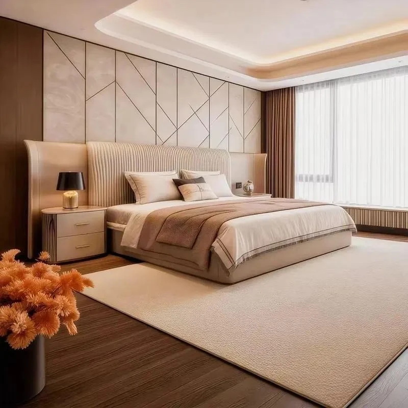 Modern Luxury King Size Bedroom Set Solid Wood Leather Bed Frame with Nightstand Designer Hotel Furniture Warm Home Decor