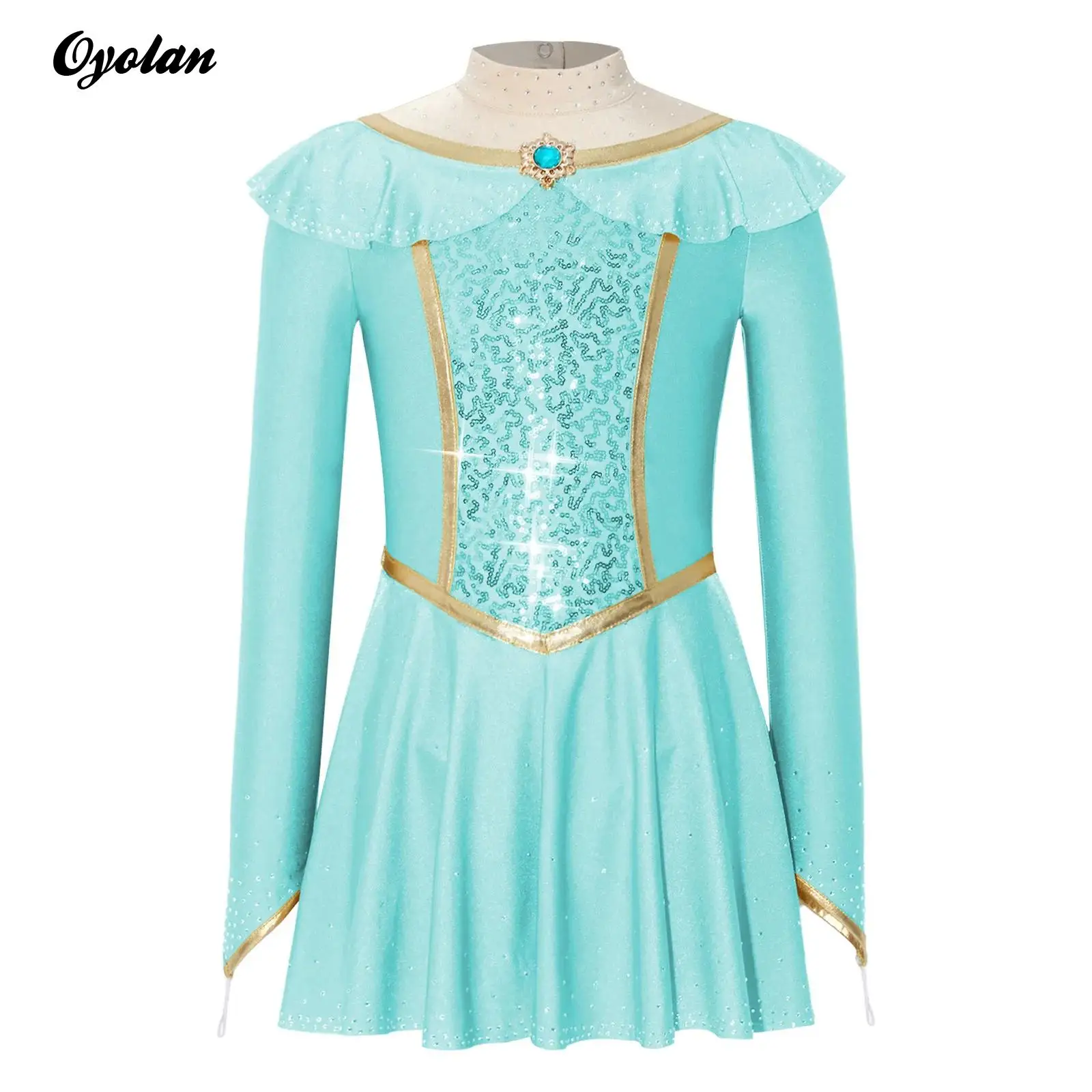 

Kids Girls Turquoise Princess Ballet Tutu Dance Dress Gold Trim Sparkle Performance Costume Rhinestones Sequins Decor Dress