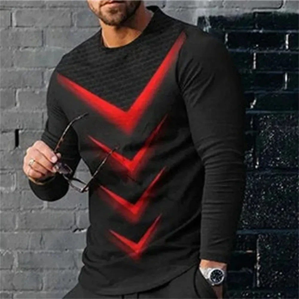 

New Tide Streak Pattern European Size Long Sleeved T-shirt For Men's Casual Autumn Trend Top Round Neck Tee