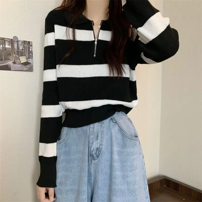 Zipper Polo Neck Stripe Loose Soft Sticky For Women In Autumn Korean Gentle And Lazy Style Lantern Sleeve Knit Sweater Trend