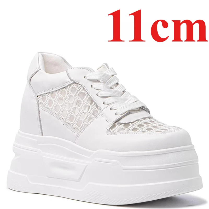 Women's 13cm Elevator Shoe Summer Genuine Leather Breathable Sports Casual Increase Shoes Mesh White Height Increasing Shoes for