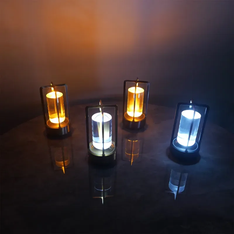 Vintage Mini LED Lantern Cordless Night Light Touch Control Aluminum Frame Acrylic Shade Rechargeable Ambient Lamp for