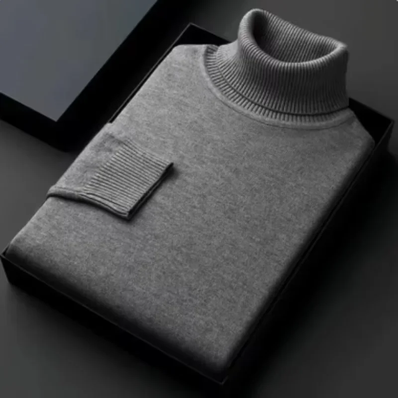 New Men's Autumn High-quality Knitted High Neck Sweater, Long Sleeved Breathable Pullover Sweater, Plus Size Solid Color Sweater