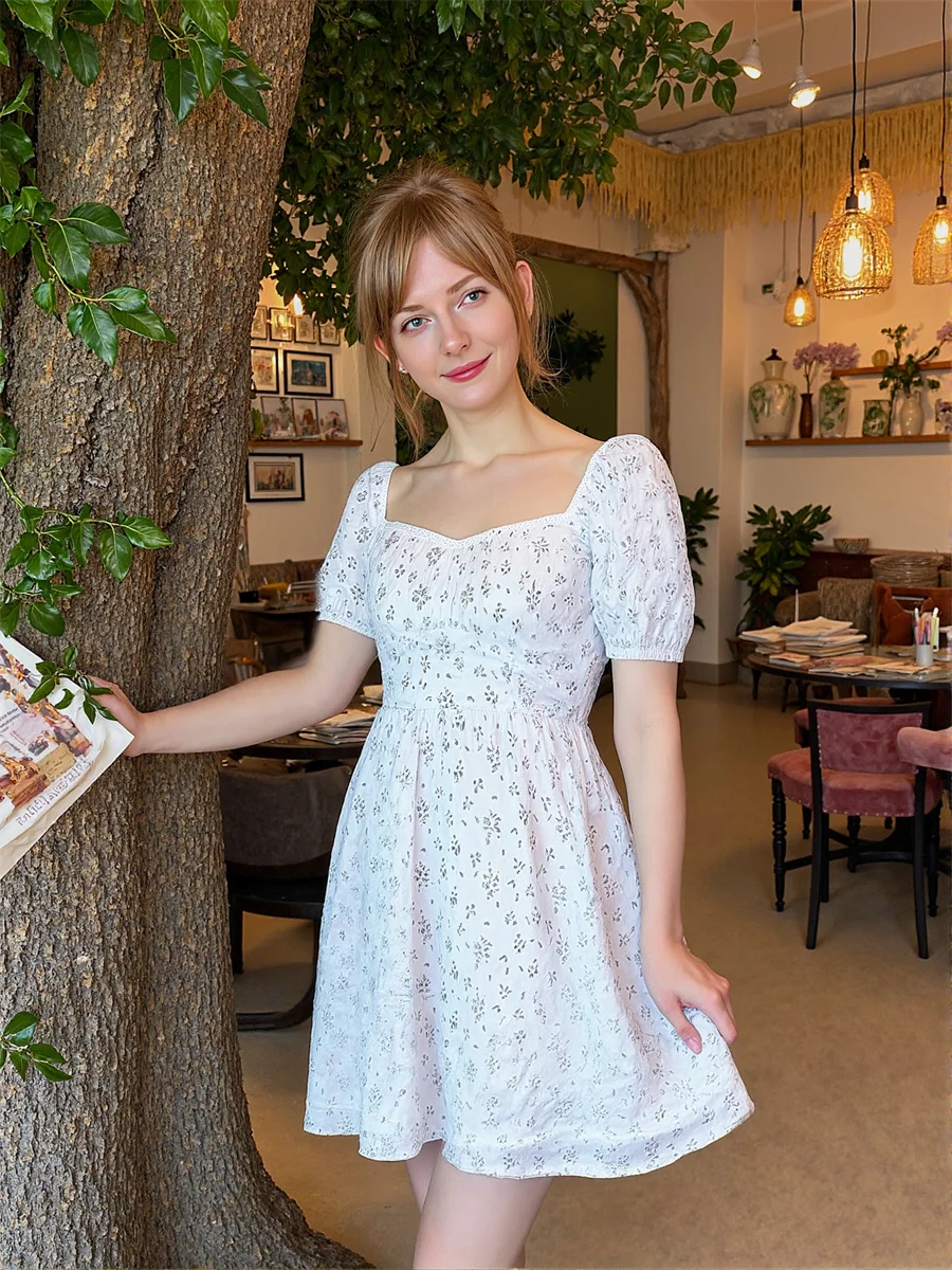 فستان نسائي أبيض أنيق أنيق فضفاض مناسب صغير زهري بدون ظهر سبليت سفلي طراز عتيق دانتيل بوهو بأكمام منتفخة صيفية #4