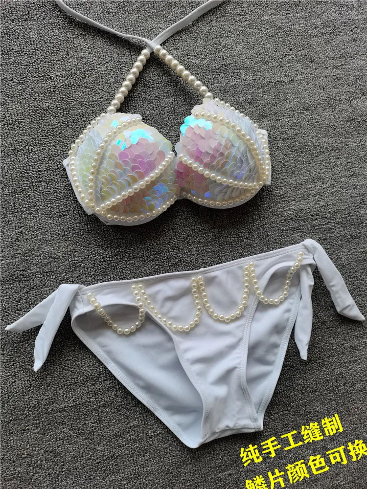 sequin bikini top bra, aquarium bar performance costume, fish tail skin