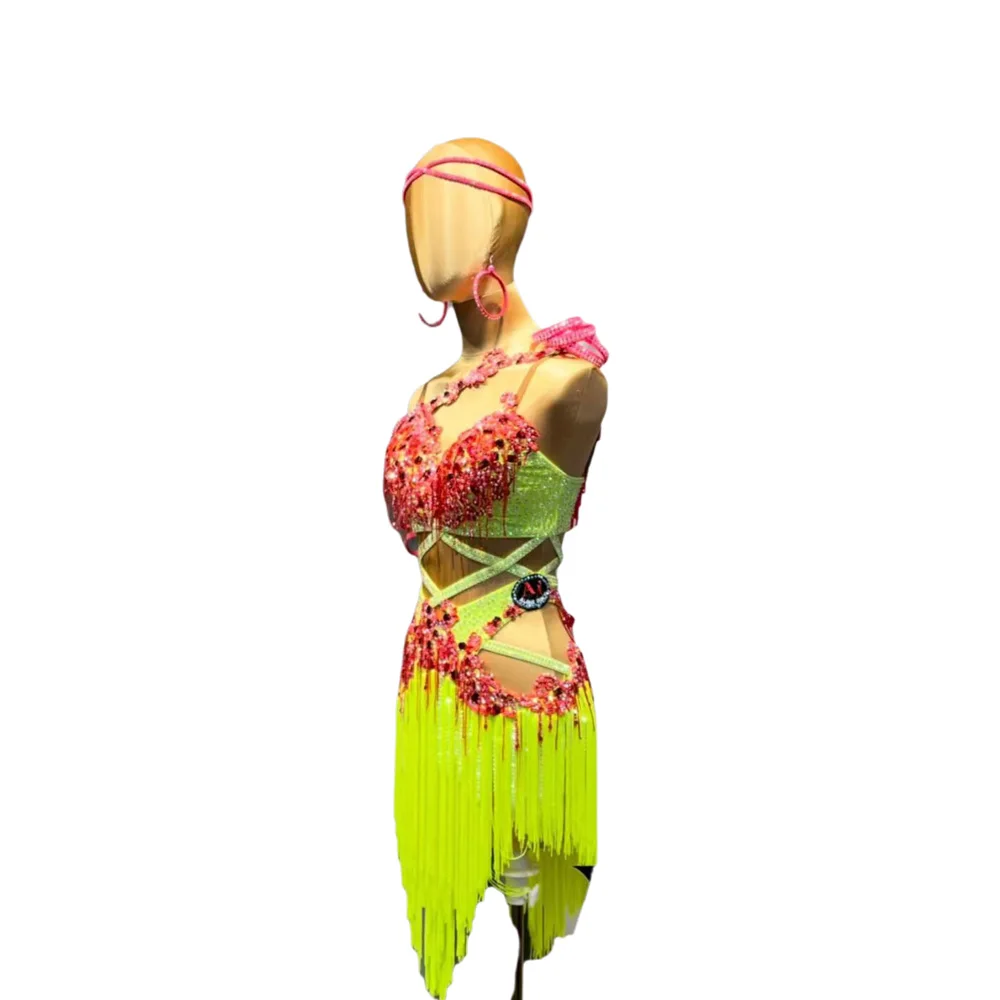 

Latin Dancer Adult Children High-End Customized Fluorescent Contrasting Tassel Tango Samba AB Stone Performance Dress