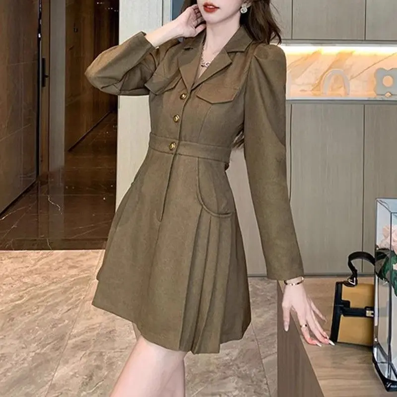 French Temperament High-end Feel Suit Collar Long Sleeved Dress Women's Waist Cinched Slim Fit Versatile Dress