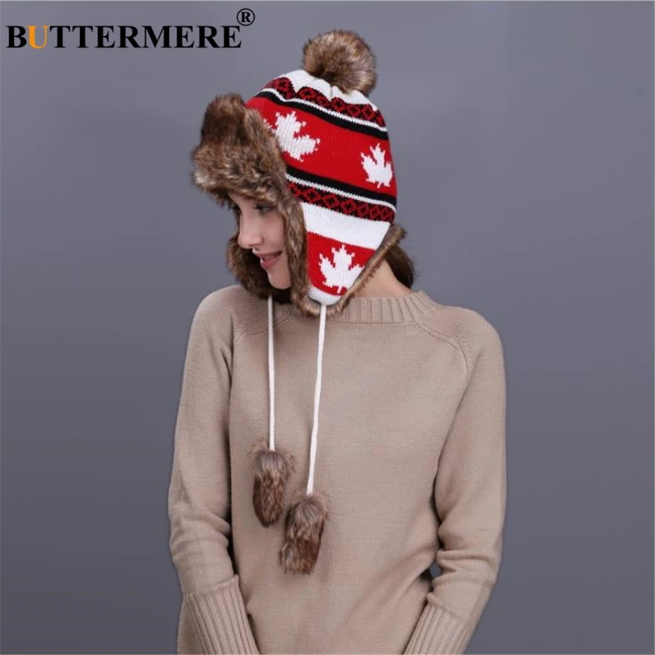 BUTTERMERE Red Russian Ushanka Hat Female Winter Warm Earflaps Fur Bomber Hats Caps Women Maple Leaf Christmas Beanies Pompom