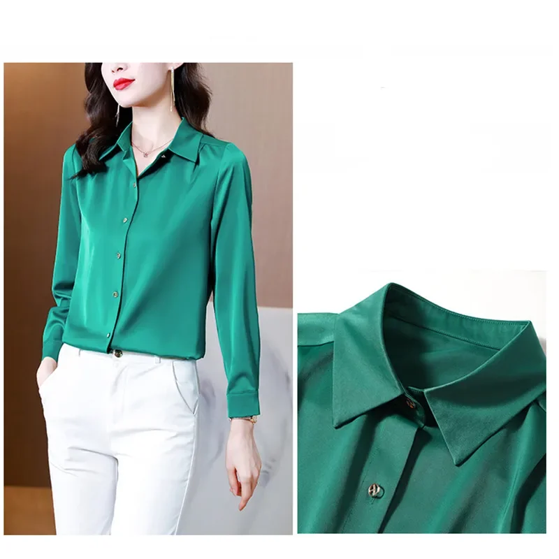 Silk Women's Shirt Vintage Solid Tops for Women Metal Button Up Polo Neck Women Clothing Long Sleeve Top Female Basic OL Shirts