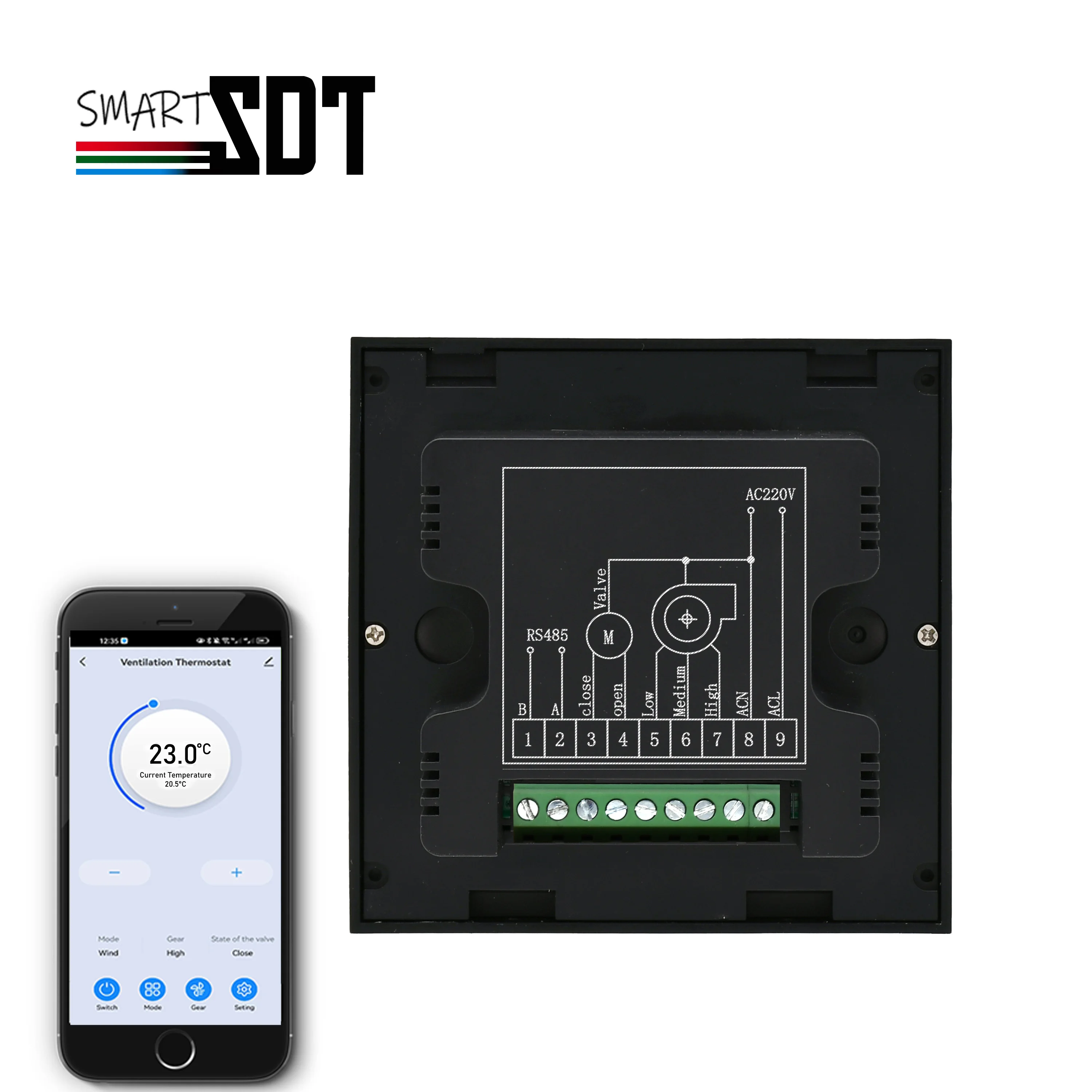 RS485/WIFI Fresh Air Thermostat Fan Coil Unit for Ventilation System 3-Speed Filter Monitoring Hot and Cold Switch