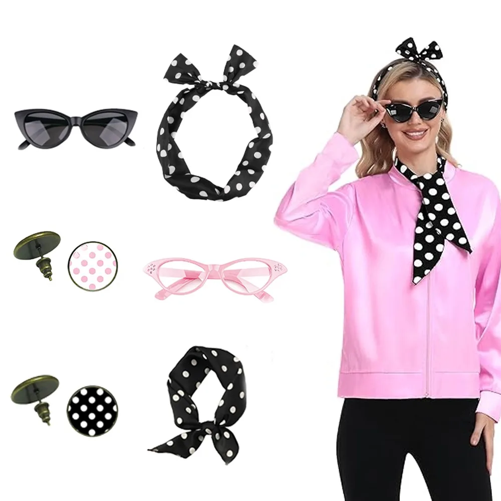 PESENAR Conjunto de acessórios de fantasia feminino dos anos 50, lenço de chiffon, bandana de bolinhas, faixa de cabeça retrô, óculos de olho de gato