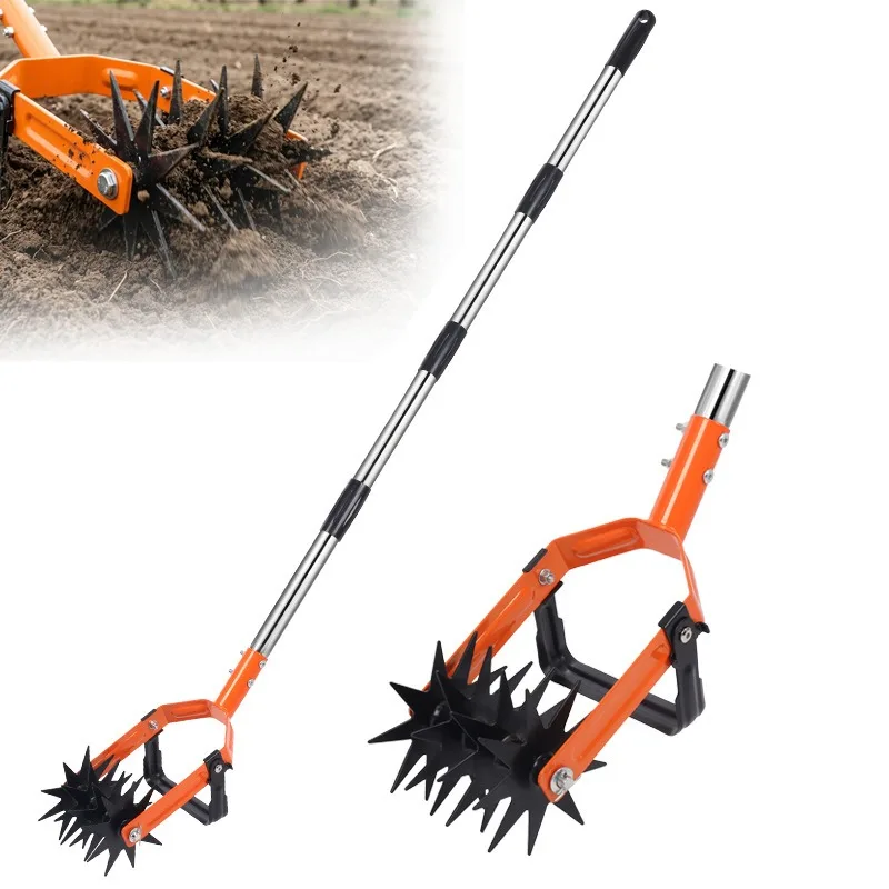 Rotary Cultivator Garden Tool Adjustable Long Handle Hand Tiller with Star-Shaped Rolling Tines 2-in-1 Weeder & Soil Aerator