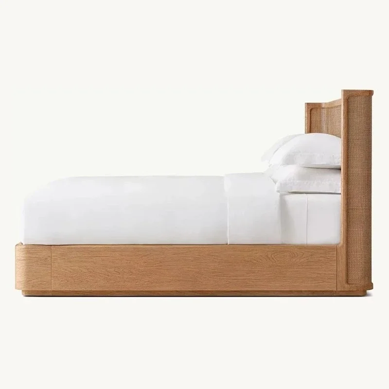 2025 French solid wood king platform headboard with storage and woven rattan board