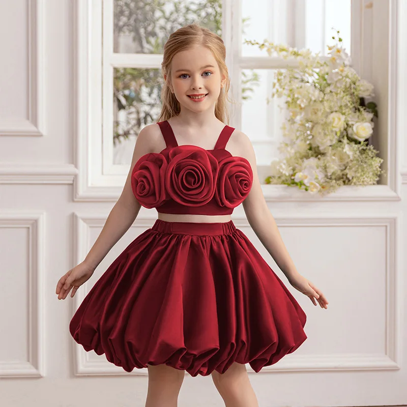 Girls Party Dresses White Wedding Bridesmaid Girl Flower Tank Top +Skirt 2Pcs Set Girls Puffy Elegant  Birthday Party Ball Gown