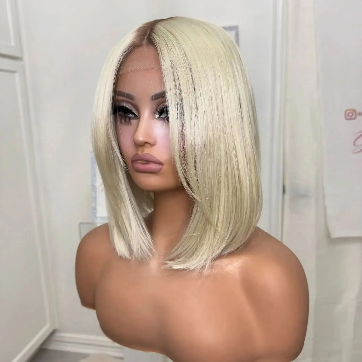 

Trendy Ash Blonde Synthetic Lace Top Wigs With Dark Roots Natural Straight Shoulder Glueless Wigs Brunette Fibre Daily Party Use