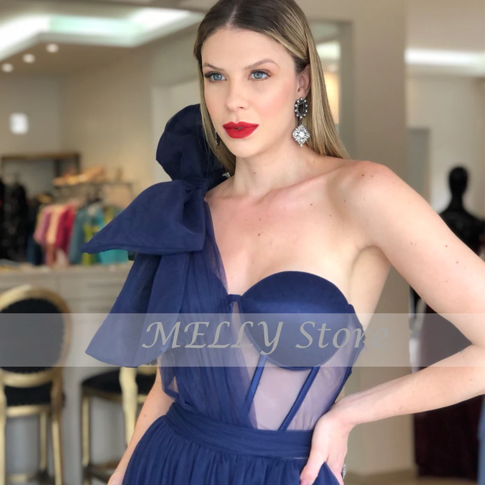 Blue Evening Dresses หนึ่งไหล่แขนกุด Vestidos De Fiesta Elegantes Para Mujer 2023เซ็กซี่ A-Line Sweep Train ชุดเดรสปาร์ตี้