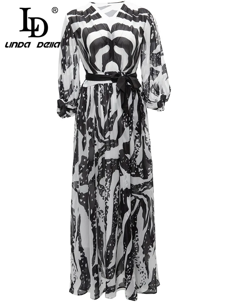 

LD LINDA DELLA Fashion Designer Spring Summer Dress Women V-neck Lantern sleeve Belted Black Striped Print Loose Long Dress