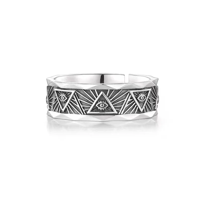 Vintage Eye of Providence Ring for Men Trendy Unique Open Finger Band Antiqued Cool Tone Triangle Eye Men's Jewelry