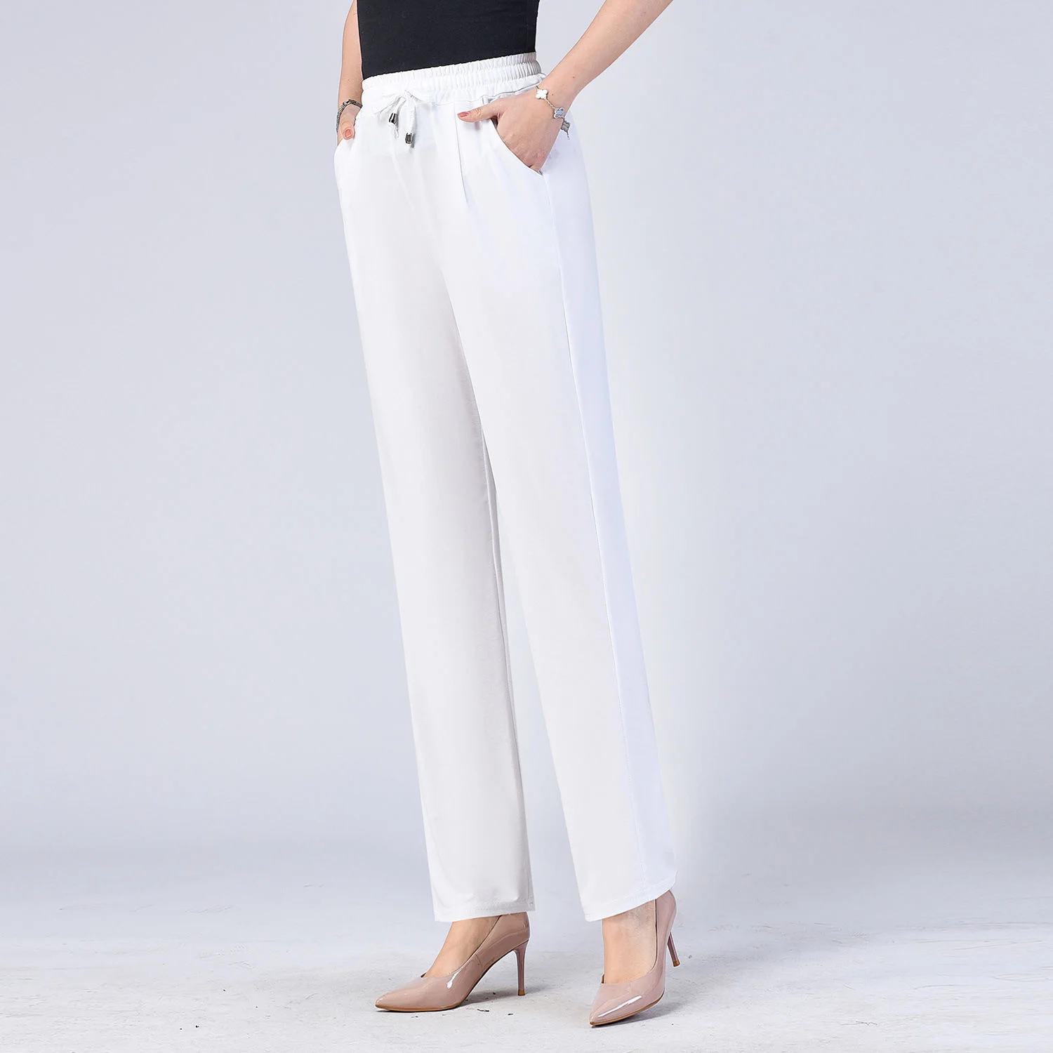 Summer Thin Ice Silk Pants For Middle-aged And Elderly Women Loose Casual Straight Pants Elastic High Waisted Trousers