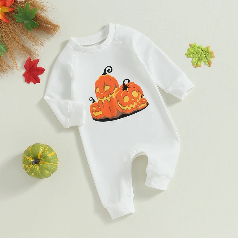 Infant Unisex Halloween Rompers with Spooky Pumpkin and Ghost Print Long Sleeve Baby Jumpsuits for Fall Festivities and Parties