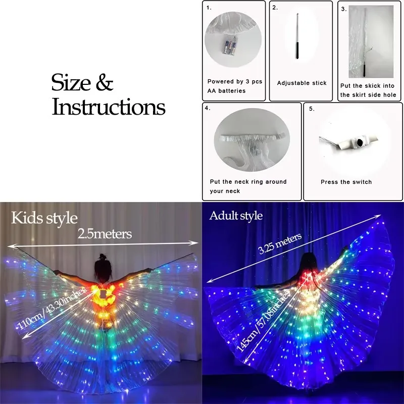 Halloween Christmas Dancing Costumes Girls Womens Bar Party Belly Dance Shows  Dress Cloak Glow LED Butterfly Wing For Adult