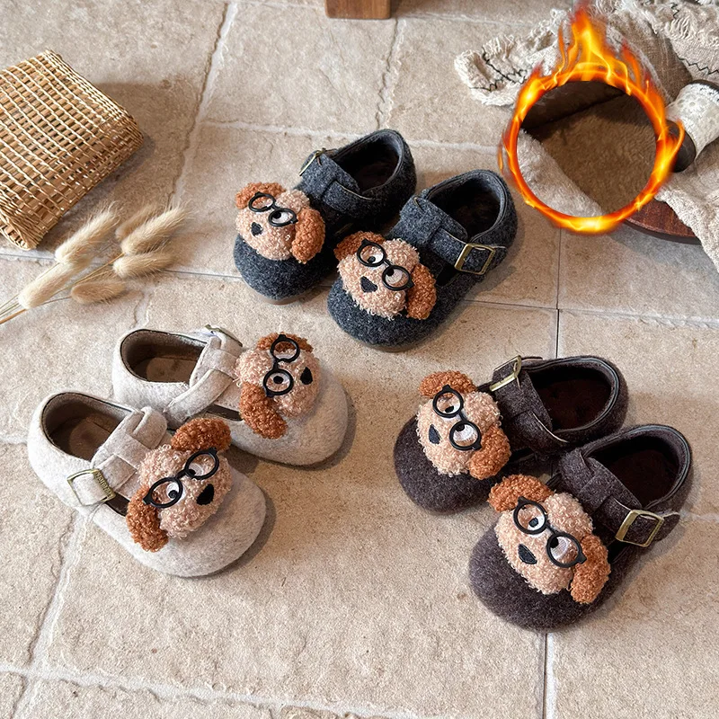 Children's Padded Flat Shoes 1-16 Years Old Beige Cartoon Boys Girls Cotton Shoes Autumn Winter Khaki Soft Non-slip Kids Boots