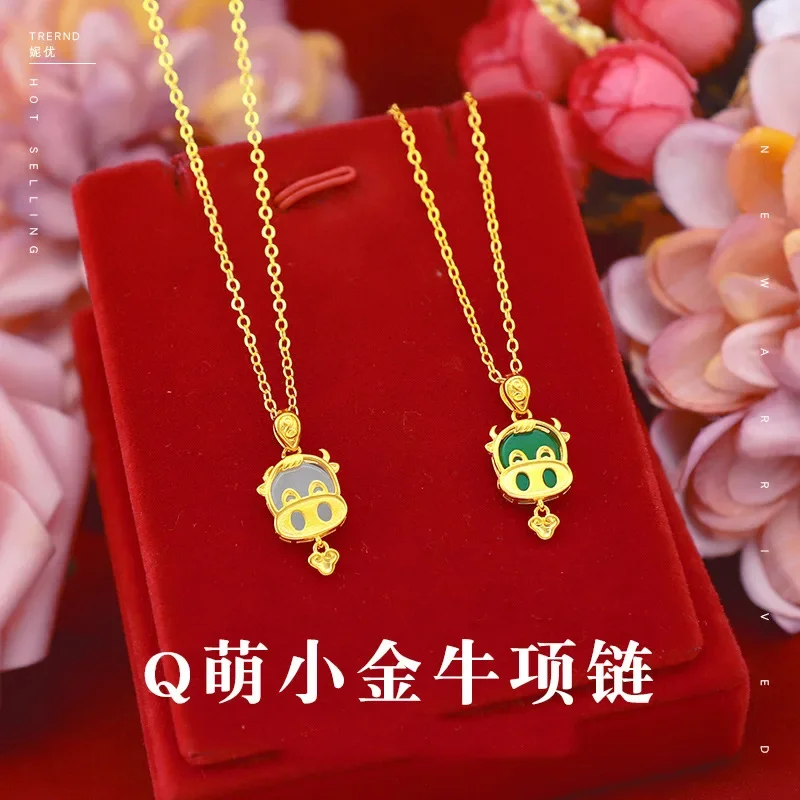 

9999 Real Gold 24K Gold Taurus Pendant Women's Ethnic Style Birthday Zodiac Cow Necklace Pendant