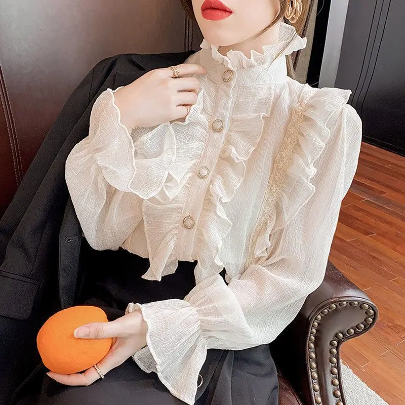 Elegant Solid Color Lace Ruffles Chiffon Shirt Women\'s Clothing 2023 Spring New Loose Korean Tops Flare Sleeve Sweet Blouse